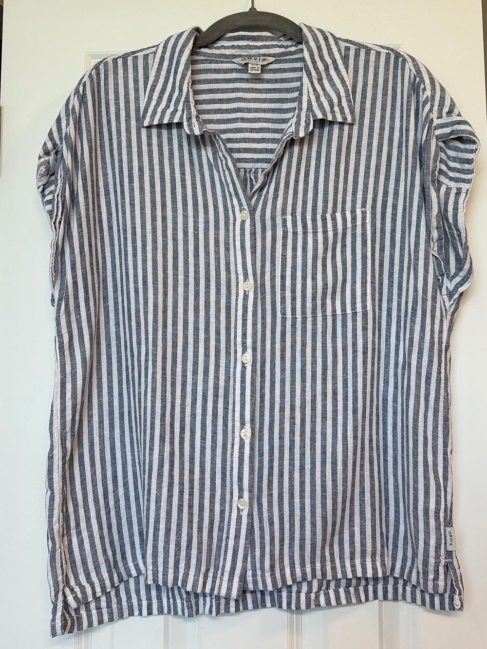 Orvis Blue and White Vertical Stripe Short-Sleeve Button-Down Shirt